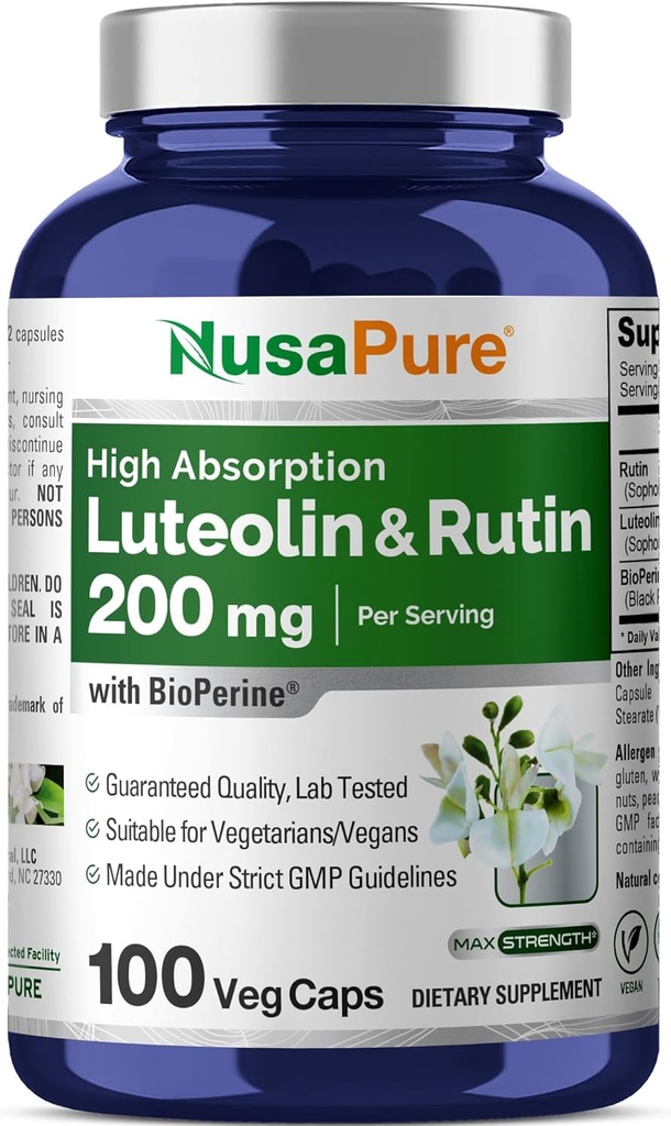 NusaPure Complejo de Luteolina con Rutina 200 mg Silencio 100 cápsulas Silencio Vegetariano, Fórmula Flavonoide Vegan