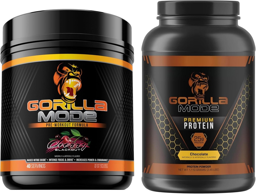 Gorilla Mind Pre Workout (Cherry) + Premium Whey Protein (Chocolate) - Estadio completo para obtener resultados de entrenamiento máximo