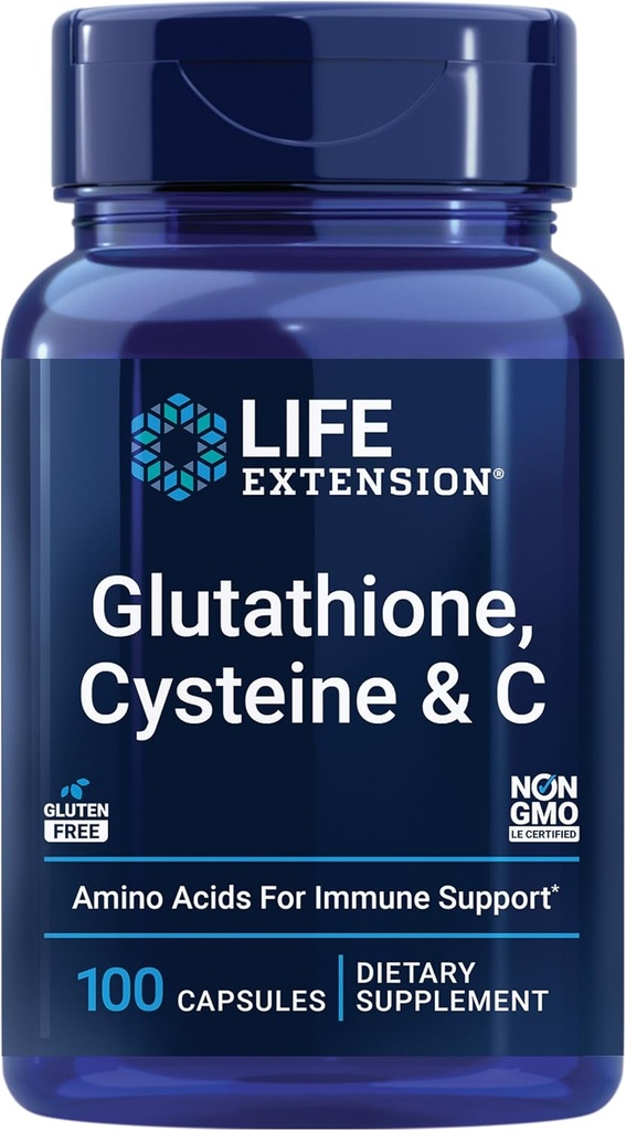 Extensión de la vida Glutathione, Cysteine & C, 500 mg de vitamina C, Potente antioxidante Suplemento para apoyar la salud del hígado, libre de gluten, no GMO, 100 cápsulas