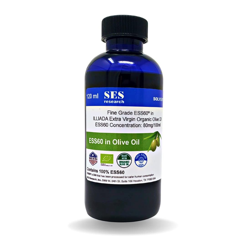 SES Research Fine Grade C60-120 ML Organic Extra Virgin Olive Oil - 99.99% Purity Carbon 60-Anti-Aging-Boost Energy - Nootropics Antioxidant Supplement-Better Sleep-Focus-Longevity-Immunity