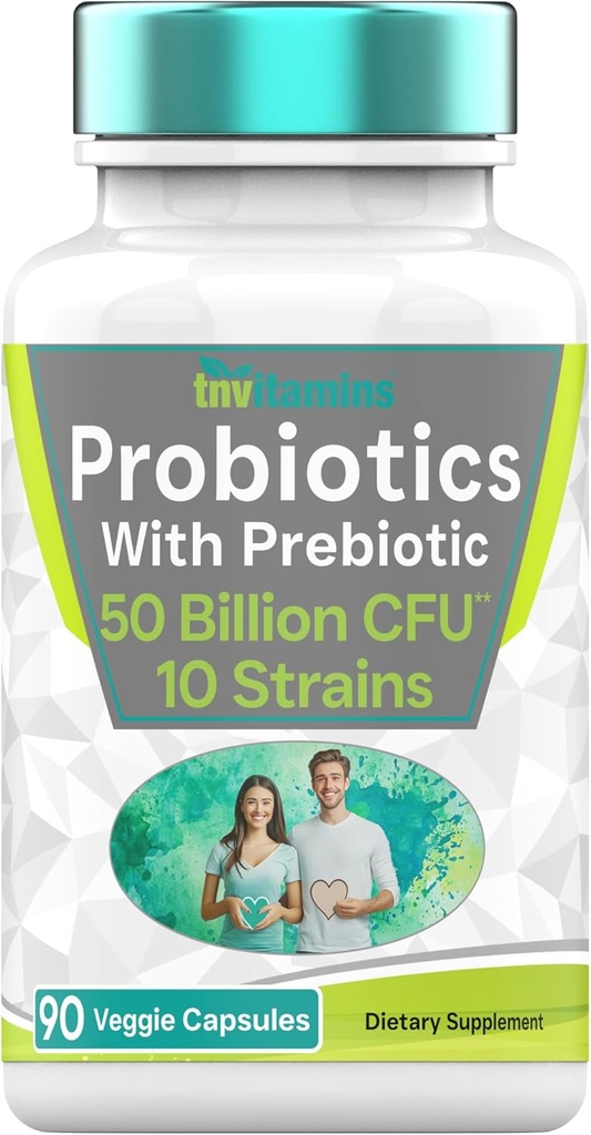 Probióticos con Prebiótico: 50 Billones CFU - 10 Strain - 90 Capsules Vegetarianos Silencio con Acidophilus Probiótico para la Salud Digestiva, Gut Health, & Immune Support* Silencio para Hombres y Mujeres