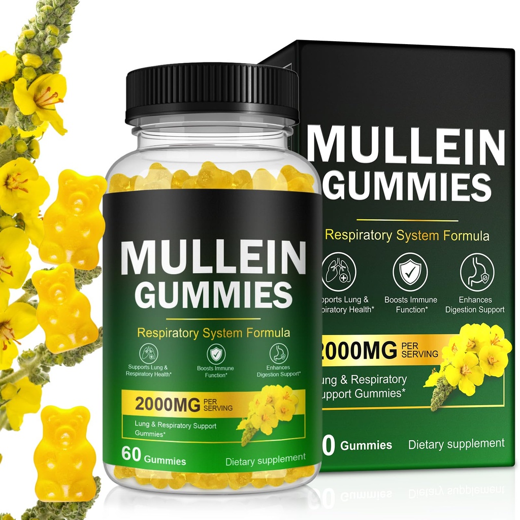 Mullein Gummies for Lung Detox, 2000mg Mullein Leaf Extract for Respiratory " Digestive " Immune Support w/Quercetin, Bromelain, Elderberry " Marshmallow, Vegan 120 Gummies (1 bottle 60 gummies) (1)