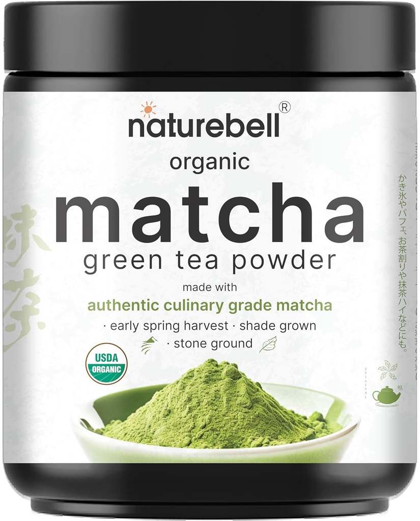 NatureBell Organic Matcha Green Tea Powder, 2 Libras TENIDO Unsweetened with Zero Sugar, Culinary Grade, Potent Early Harvest, Fine Stone Ground – Vegan, All Purpose, Great for Matcha Latte