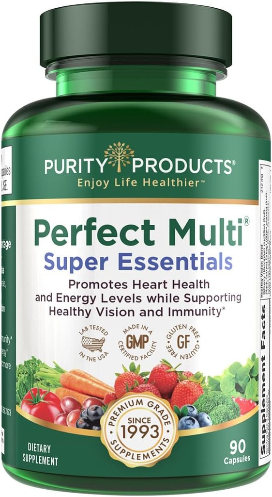 Purity Products Perfect Multi Super Essentials - Multivitamin + Frutas y Verduras + Promueve Día y Visión Nocturna saludables con Lutein, Zeaxanthin y Currant Negro Extracto - 90 cápsulas
