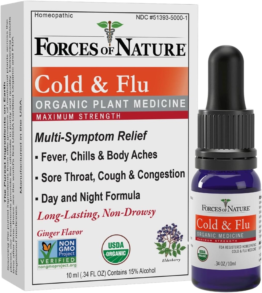 Forces of Nature Cold & Cough Relief, Organic Homeopathic Medicine for Cough, Congestion, Body Aches, Headache, Chills & Fatigue, Maximum Strength, Non-Drowsy Formula, 10ml (0.34 fl oz)