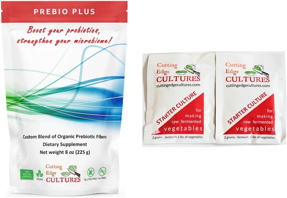 Cultivos de bordes de corte Prebio Plus Powder de fibra prebiótica La mejor mezcla personalizada de fibras prebióticas Suplemento dietético 8 oz (Prebio Plus 8oz + inicial vegetal 4 gramos)