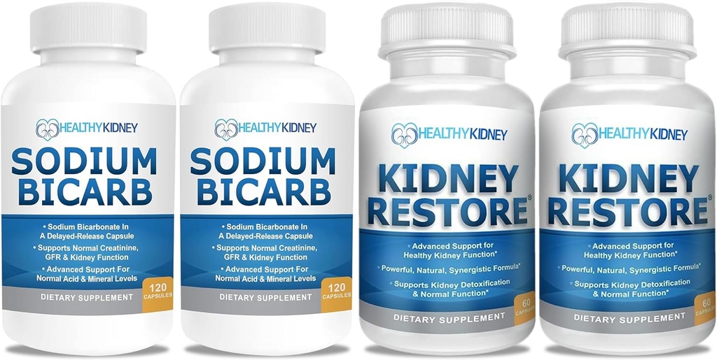 Bicarbonato de sodio 650mg cápsulas para el alivio de ácido, Alkalinity 120 pastillas 2-Pack + Riñón Restore Kidney Cleanse y Kidney Health Suplemento, 60 caps - 2 Pack
