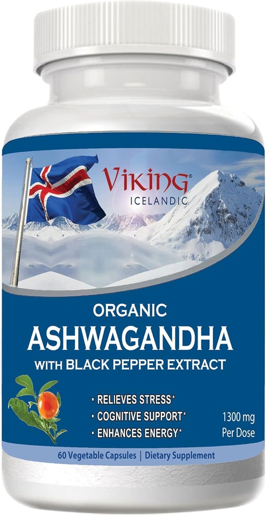 Vikingo Ashwagandha orgánica con Black Pepper Extracto islandés. 60 cápsulas Vegan - Absorción máxima para estrés, Mood & Energy Support