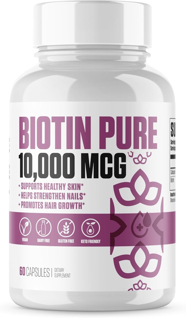 Biotina Pura 10.000 MCG + Calcio TENIDO #1 Nueva Max Dose Biotina B7 Suplemento Píldoras para el cabello más saludable y más largo, piel " uñas " Vegan cápsulas para hombres " mujeres - 60 servicios