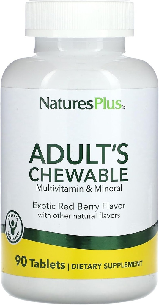 Natures Plus Adult's Chewable Multivitamin - 90 Tablets Vegetarian - Superfruits Rojos Exóticos Flavor - Suplemento Alimentarios Naturales enteros para la salud general, energía - Gluten-Free - 90 Servings
