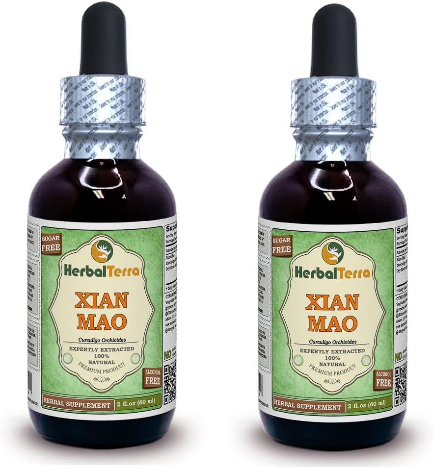 Xian Mao, Curculigo (Curculigo Orchioides) Glycerite, Organic Dried Root Powder Alcohol-Free Liquid Extract (Brand Name: HerbalTerra, Proudly Made in USA) 2x2 fl.oz (2x60 ml)