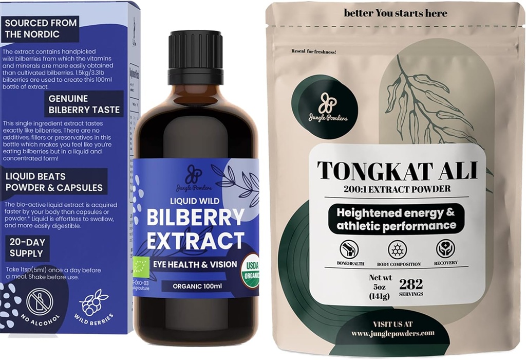 Polvos de selva Tongkat Ali para Hombre Polvos 200:1 Extracto 5 Bolsa de onda, Extracto de mora silvestre para ojos orgánicos 3.4oz Botella Bilberry Suplemento para Ojos