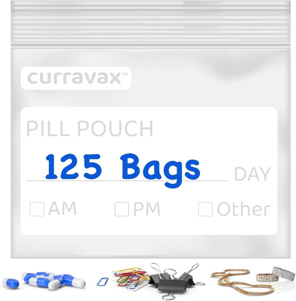 Pill Pouch Bags for Travel Pack of 125- BPA Gratis 3 x 2.75 pulgadas Pill Pouch - Pill Pouches for Medicine with Write on Label –Clear Ziplock Pill Baggies for Medicine Organizer