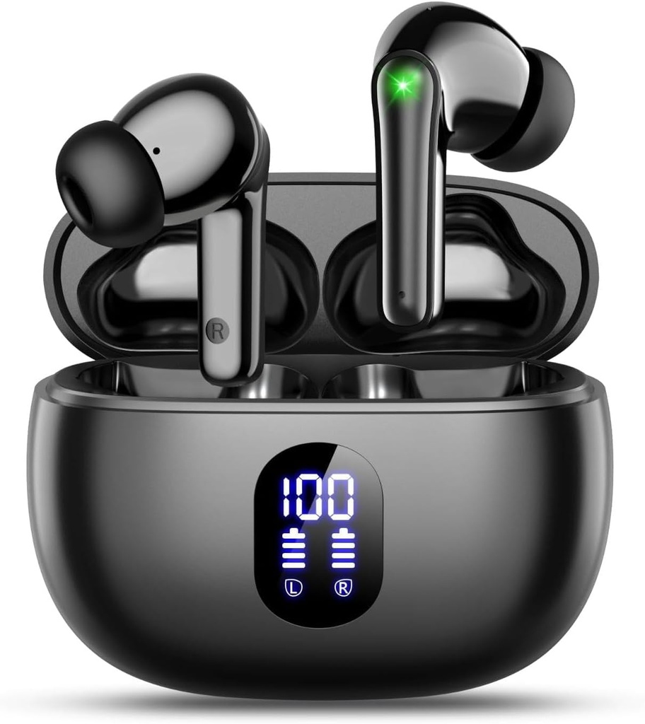 wyness Wireless Earbuds Bluetooth 5.3 Ear Buds, Hi-Fi Stereo Bass Ear Buds con 48H Playtime &amp; LED Display, Auriculares ligeros en el oído con Mic, IPX7 impermeable, control táctil para iPhone