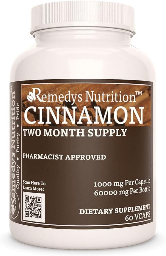 Nutrición de Remedy Cinnamon Bark Ceylon peru 1,000 mg, 60 Vegan Capsules Herbal Suplemento dietético  Two Month Supply