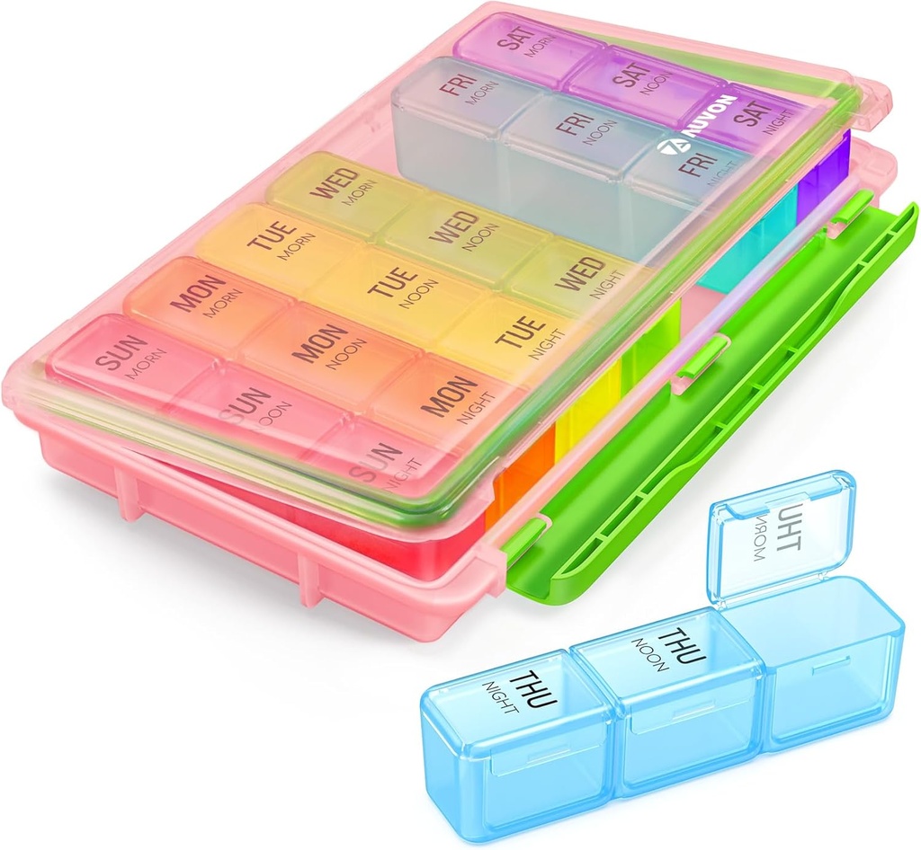 Organizador semanal de píldoras AUVON 3 veces al día con diseño de movimiento, caja grande de píldoras 7 días fácil de usar, caja de píldoras portátiles para viajar con doble protección, contenedores para vitaminas, medicamentos