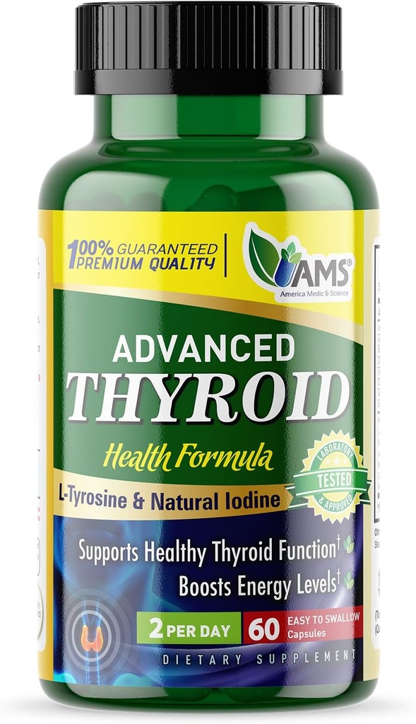 America Medic ' Science Advanced Thyroid (60 Capsules) Silencio Tiroides Soporte para Hombres y Mujeres ← Mood and Energy Booster Suplemento Silencio con Ashwagandha natural, Iodine, Selenium y Vitamina B12
