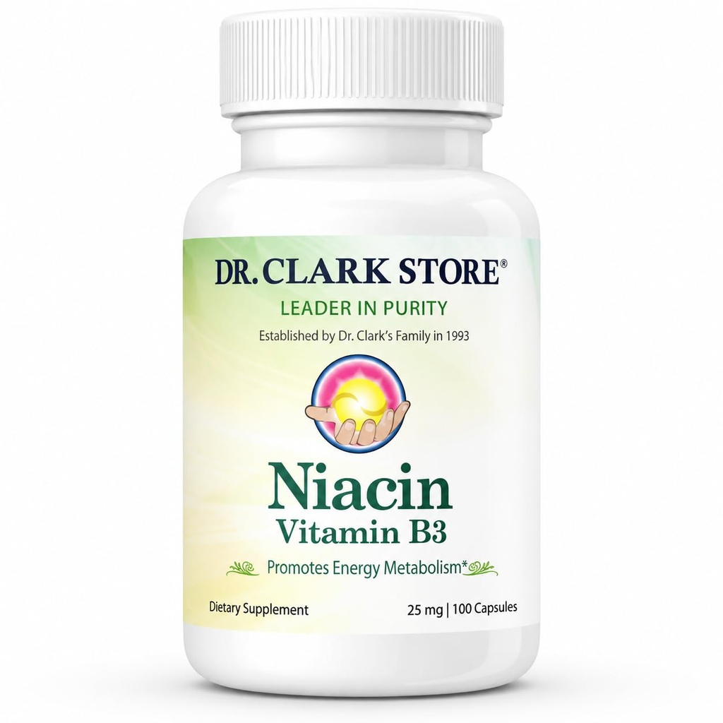 Dr. Clark Niacin (Vitamin B3) Suplemento – 25 mg, 100 cápsulas de gelatina, apoya la circulación " niveles de colesterol saludables