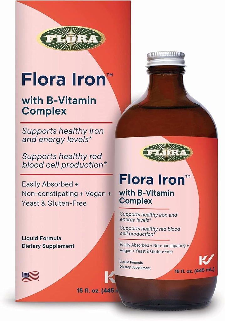 Flora Iron - Suplemento de hierro líquido vegano con vitaminas B - Ofertas Red Blood Cell &amp; Energy Support - Yeast-Free - Delicious Fruit Juice Base - 15 fl. oz. Botella de vidrio