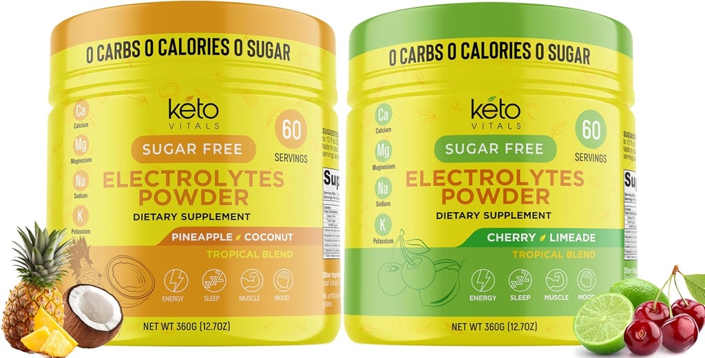 Keto Vitals Pineappale Coconut Bundle with Cherry Limeade - 2 Pack Bundle Keto Electrolytes Powder - Electrolitos con Potasio, Magnesio, Sodio, Calcio - Pinneapple Coconut &amp; Cherry Limeade