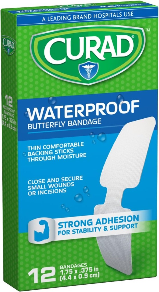 Bandas adhesivas de mariposa resistente al agua de Curad, 1,75" x .375", 12 Conde