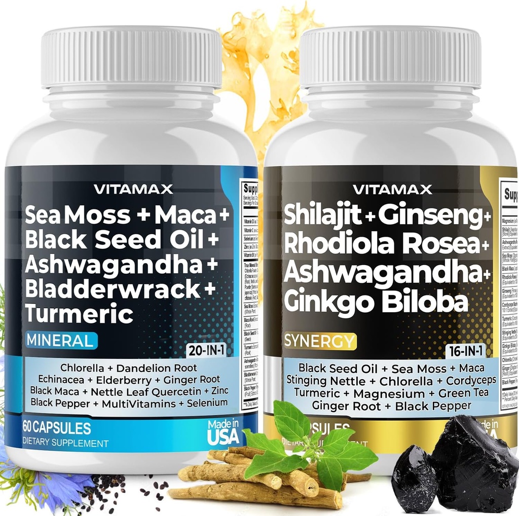 Puro Himalayan Shilajit Suplemento, Sea Moss, Ashwagandha, Bladderwrack, Gingko Biloba, Organic Capsules & Trace Mineral for - Non-GMO - Vegan - Hombres y Mujeres - Made in USA