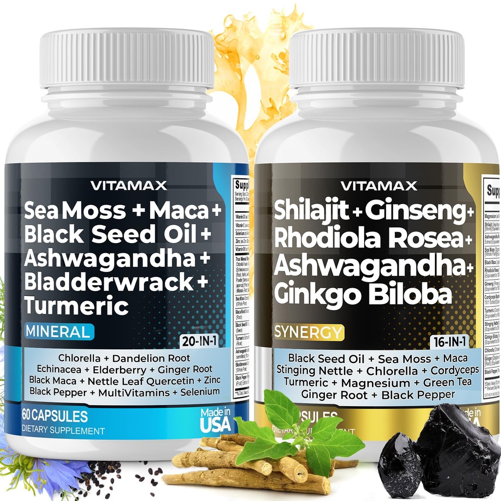 Vitamax Pure Himalayan Shilajit Suplemento, Sea Moss, Ashwagandha, Bladderwrack, Gingko Biloba, Organic Capsules & Trace Mineral for - Non-GMO - Vegan - Hombres y Mujeres - Made in USA