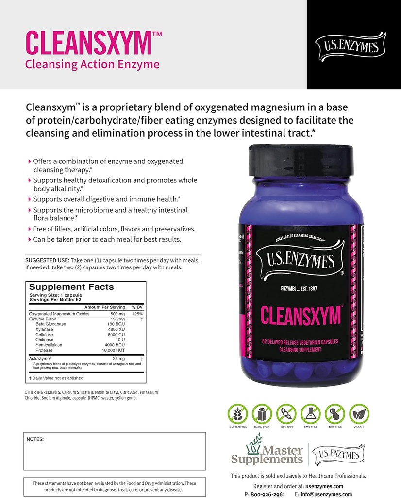 U.S. Enzymes CLEANSXYM 62 Vegetarian Capsules. Suplemento de limpieza.