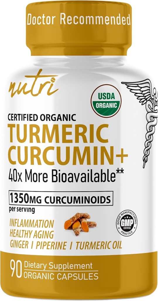 Fusiones de la naturaleza Nutri Suplemento Turmérico Orgánico 1425mg - 40x Más Biodisponible - 95% Curcuminoides - Curcumina Turmérica con Pepper Negro, Aceite de Ginger & Turmeric - Suplemento
