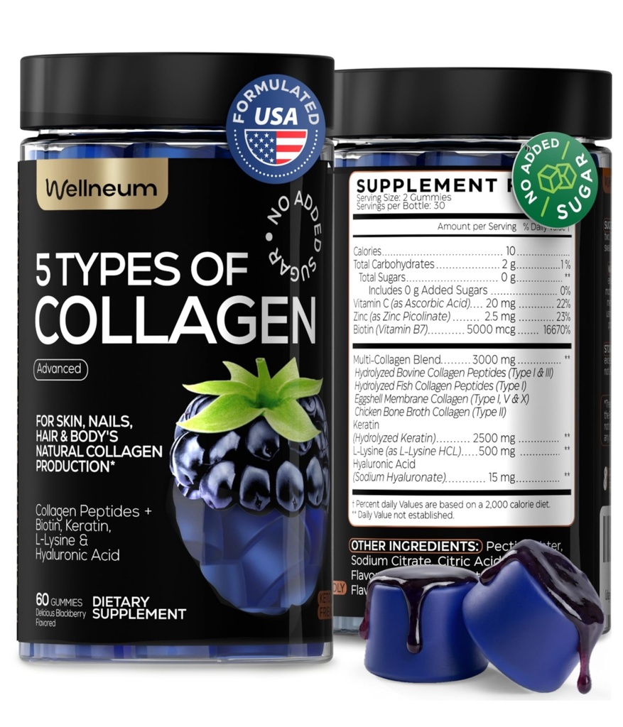Collagen Peptide Gummies for Women and Men - Collagen Gummy Supplement for Healthy Hair, Skin, Nails and Bones - Hyaluronic Acid, Biotin, Keratin, Saw Palmetto - Sugar Free, No GMO y Gluten, 60 Pcs