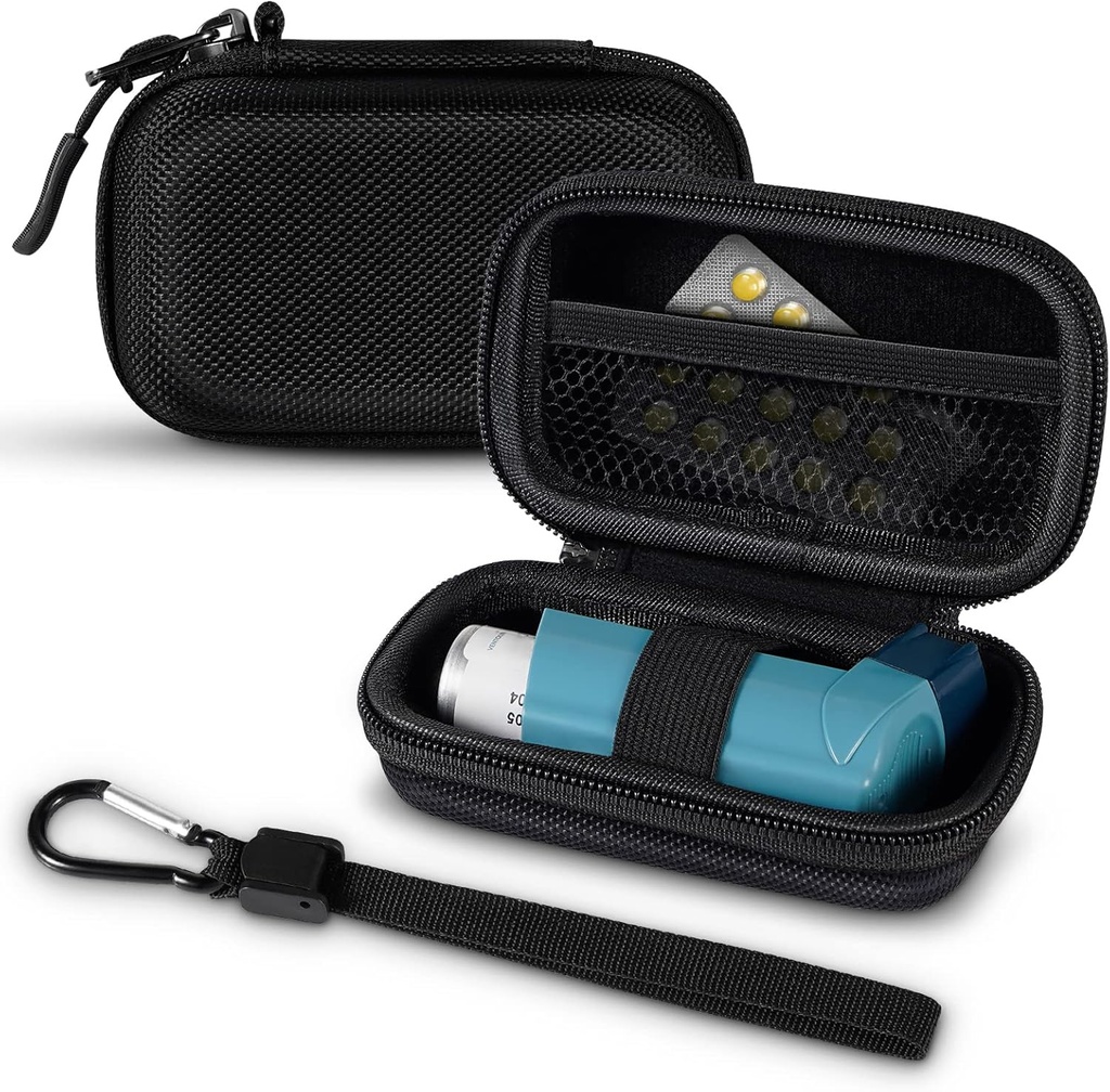 Caso de inhalador, caja de carga protectora de cascos duros, ajuste estándar de rescate " nuevos dispositivos de inhalador de albuterol hasta 4 pulgadas, dispositivo no incluido, negro