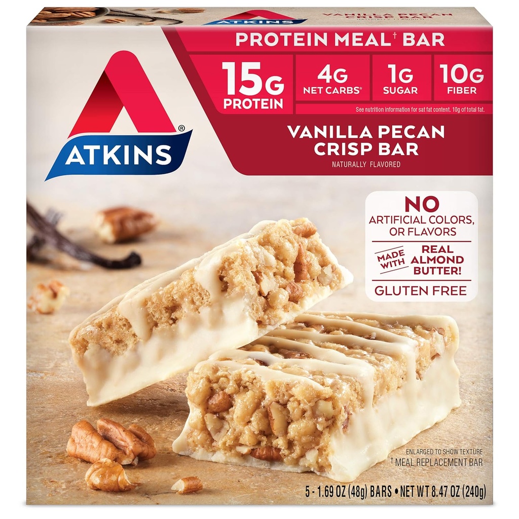 Atkins Vanilla Pecan Crisp Protein Meal Bar, Alto Fiber, 1g Sugar, 4g Net Carb Meal Reemplazo, Keto Friendly, 5 Cuenta
