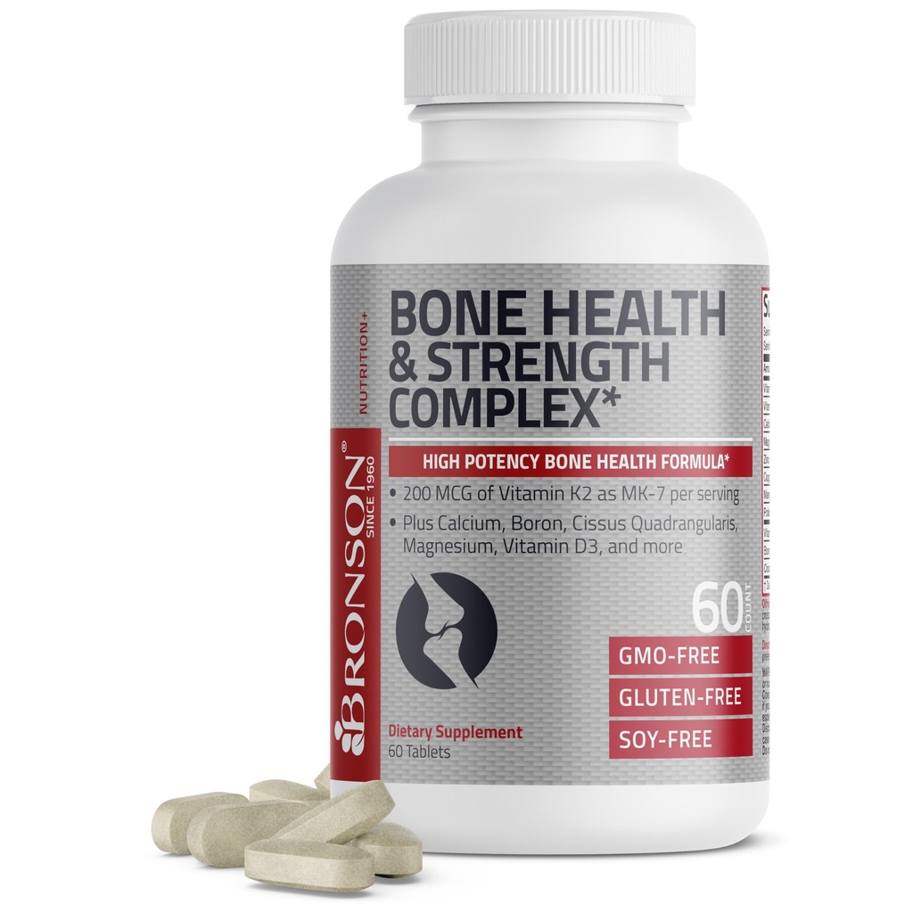 Bronson Bone Health &amp; Strength Complex* High Potency Formula 200 MCG of Vitamin K2 as MK7, Plus Calcium, Boron, Cissus Quadrangularis, Magnesium, Vitamin D3, and More - Non-GMO, 60 Tablets
