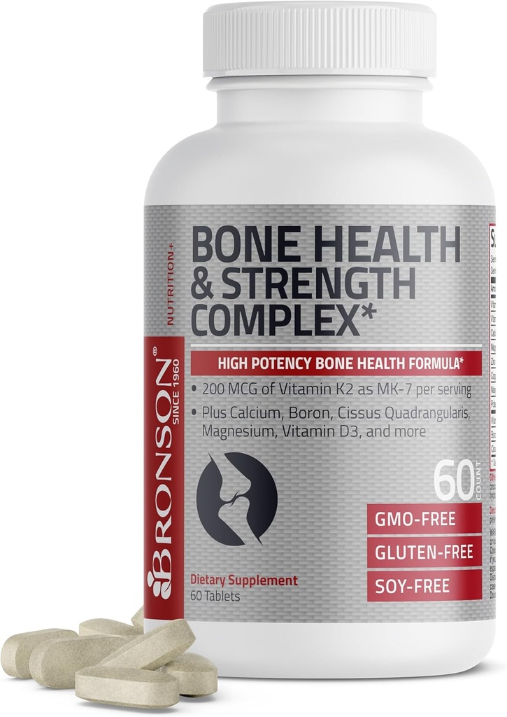 Bronson Bone Health &amp; Strength Complex* High Potency Formula 200 MCG of Vitamin K2 as MK7, Plus Calcium, Boron, Cissus Quadrangularis, Magnesium, Vitamin D3, and More - Non-GMO, 60 Tablets