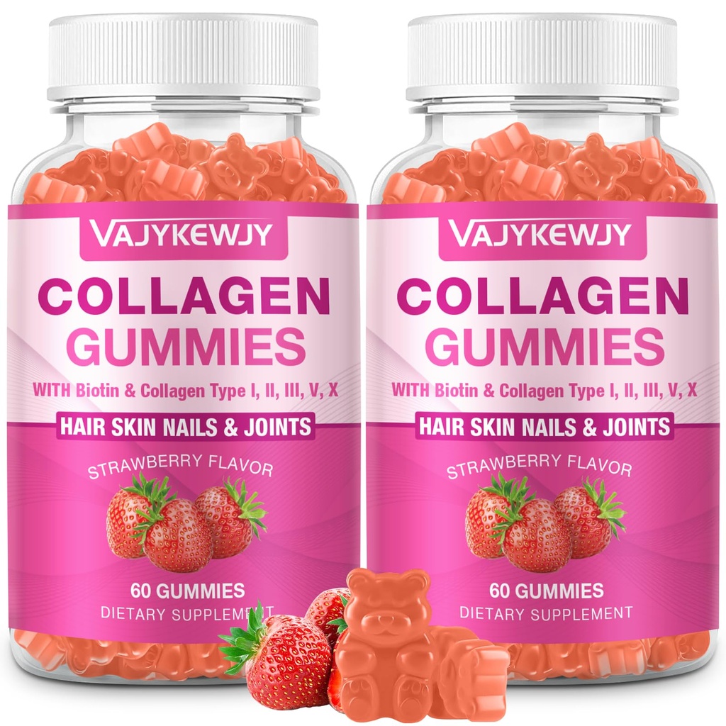 2-Pack Collagen Gummies for Women & Men - with Biotin, Vitamin C, & Zinc for Skin Radiance, Hair Growth, Strong Nails, & Joint Support, 120 Count