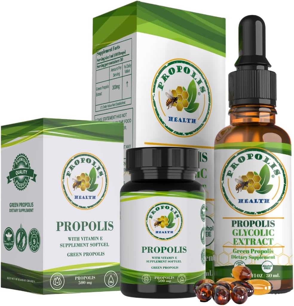 Propolis Health Premium Brasileño Green Propolis Bundle: 1000mg Cápsulas con vitamina E &amp; Green Propolis Extract Liquid - 50 días Cápsula &amp; 30 días Suministro líquido para soporte inmunitario
