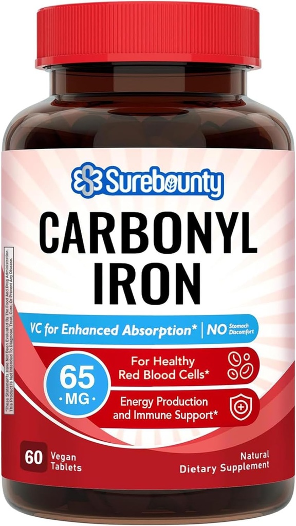 Carbonyl Iron, with Natural Vitamin C, Gentle on The Stomach, High Absorption, for Red Blood Cell Function, Energy Support, Vegan, 60 Tabs