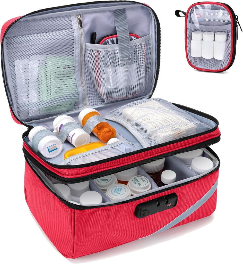 Trunab Bolsa de almacenamiento de medicamentos con cerradura de combinación, organizador de botellas cerrables, caja de carga de medicamentos de viaje para caja de medicina, receta, vitaminas, suplementos o suministros médicos