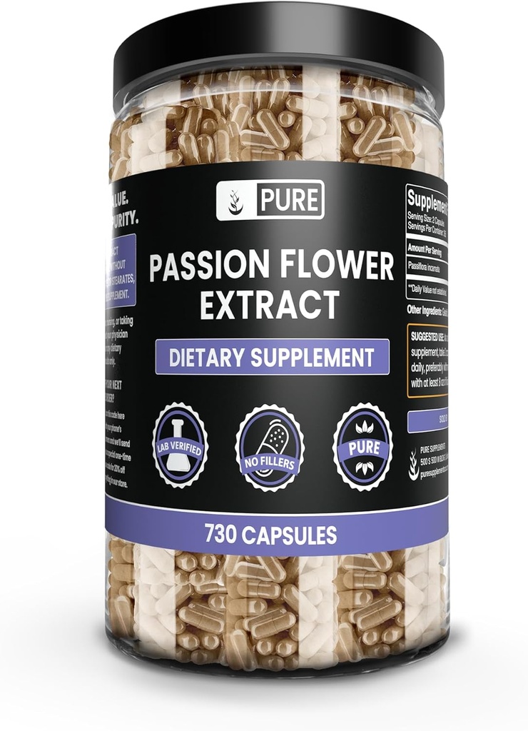 PURE Original INGREDIENTES Extracto de la flor de la pasión (730 capsules) No hay magnesio o rifles de arroz, siempre puro, lab Verificado