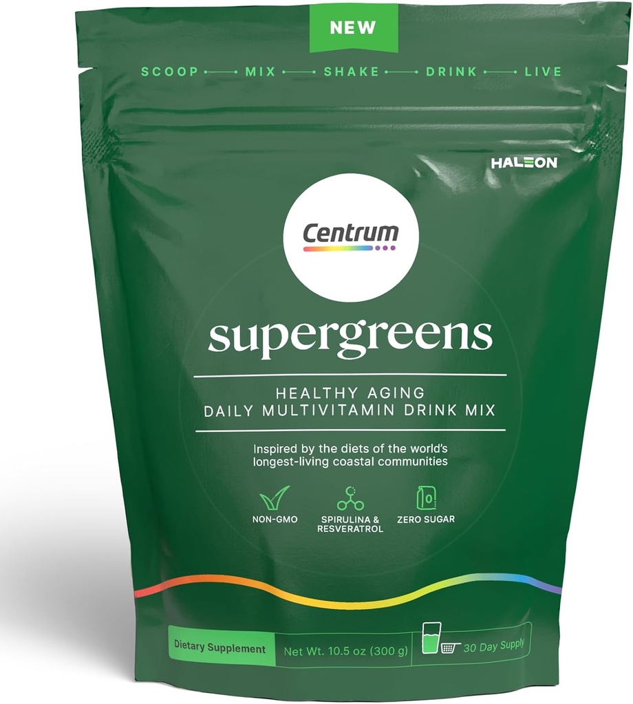 Centrum Supergreens - Superfood Powder " Multivitamínico para Adultos – Verdes Polvo con Spirulina, Mushroom, Prebióticos " Enzyme Blend – 30 días de suministro