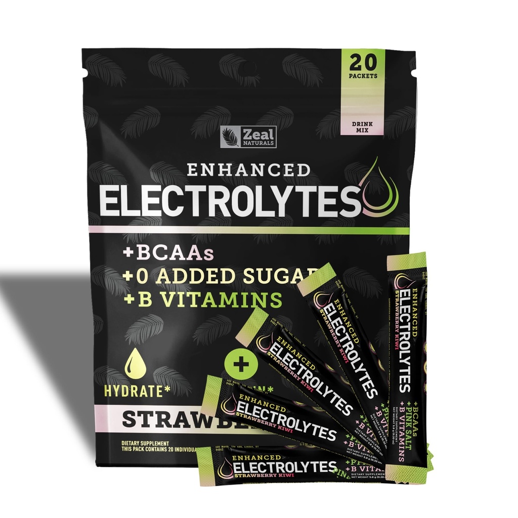 Enhanced Electrolyte Powder Stick Packs (Strawberry Kiwi | 20 Packets) w/ 0 Sugar +BCAAs +B-Vitamins Electrolyte Supplement w Potassium Zinc & Magnesium for Hydration - Keto Electrolytes