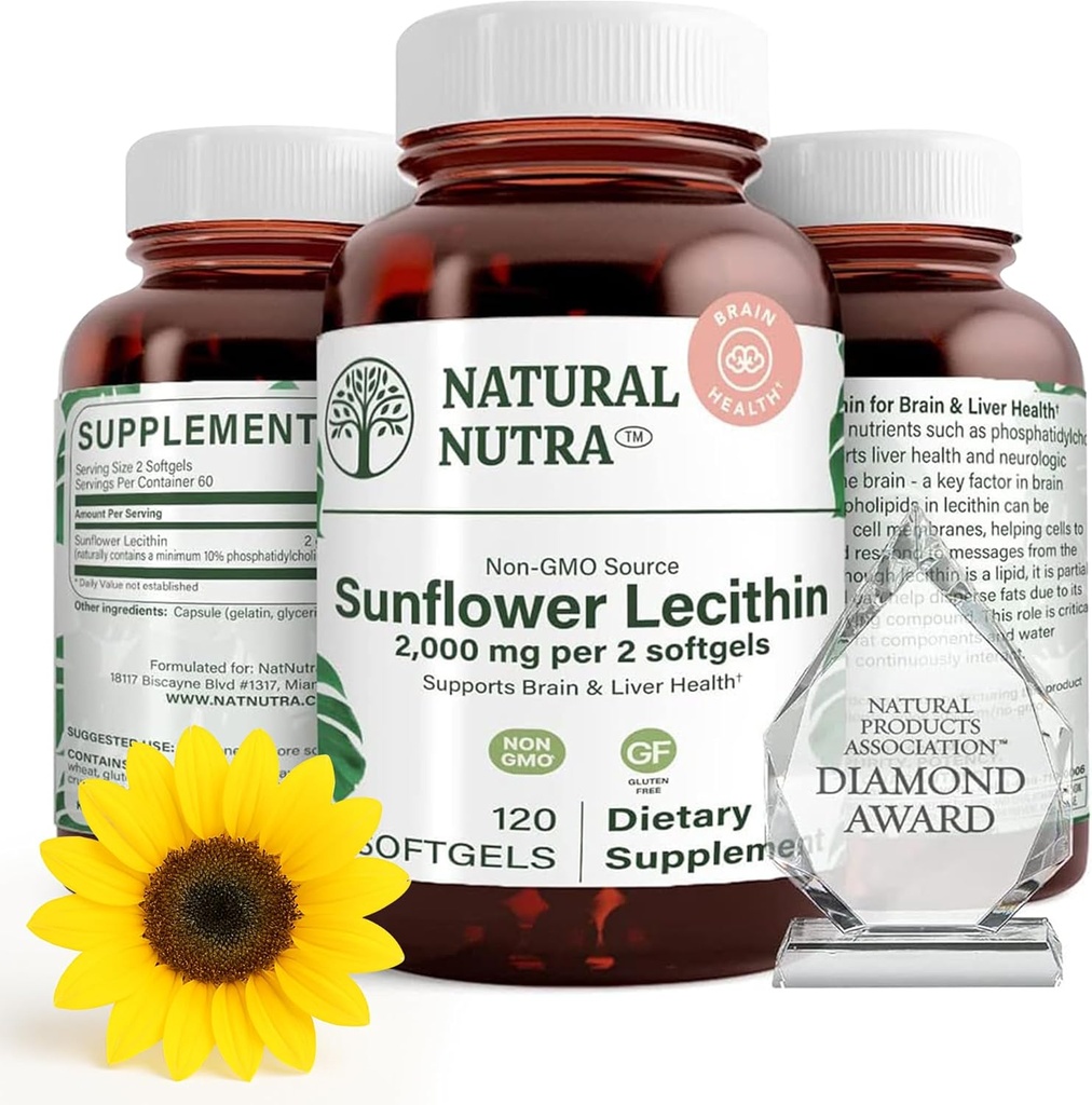 Natural Nutra Sunflower Lecithin 2000 mg Suplemento, Soporta a las madres de lactancia materna con Alivio de leche enchufada, Hierve &amp; Brain Health Booster, Soy Gratis, No GMO, Sin gluten, 120 Softgels (2 Pack)