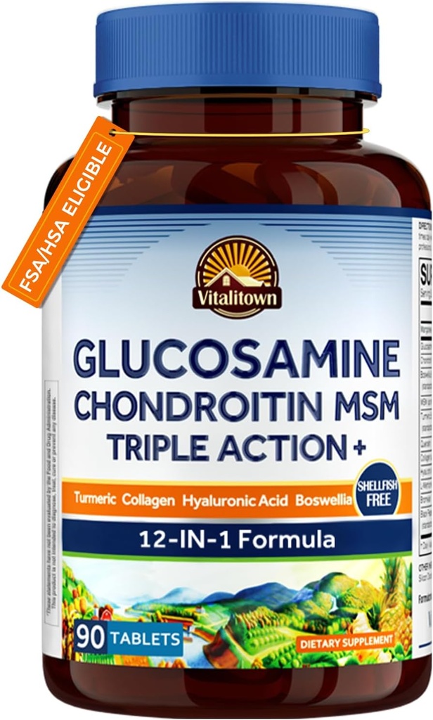 Vitalitown Glucosamine Chondroitin MSM ANTE Collagen, Boswellia, Turmeric, Hyaluronic Acid, Bromelain ANTE Triple Action+ Fórmula TEN 12 Ingredientes TEN 90 Tablets, No Shellfish