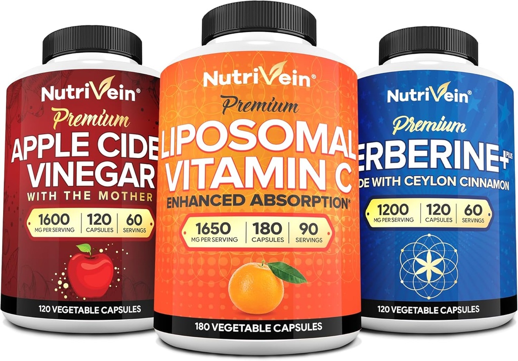 Nutrivein Premium Berberine, Apple Sider Vinegar, & Liposomal Vitamina C Suplemento Bundle: High-Absorption Vitamin C Capsules, ACV Capsules, & Berberine Supplement for Wellness & Immunity