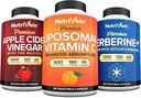 Nutrivein Premium Berberine, Apple Sider Vinegar, & Liposomal Vitamina C Suplemento Bundle: High-Absorption Vitamin C Capsules, ACV Capsules, & Berberine Supplement for Wellness & Immunity