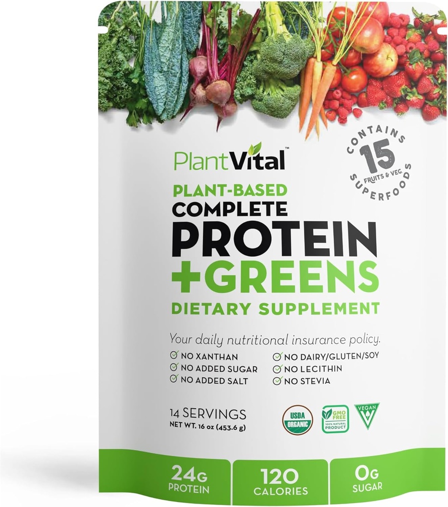 Polvo de proteína orgánica vegetal desarmado - 15 Superalimentos, verduras y probióticos - Polvo de proteína orgánica de base vegetal - Todos los BCAA, Gluten Free - 16oz -1 Pouch