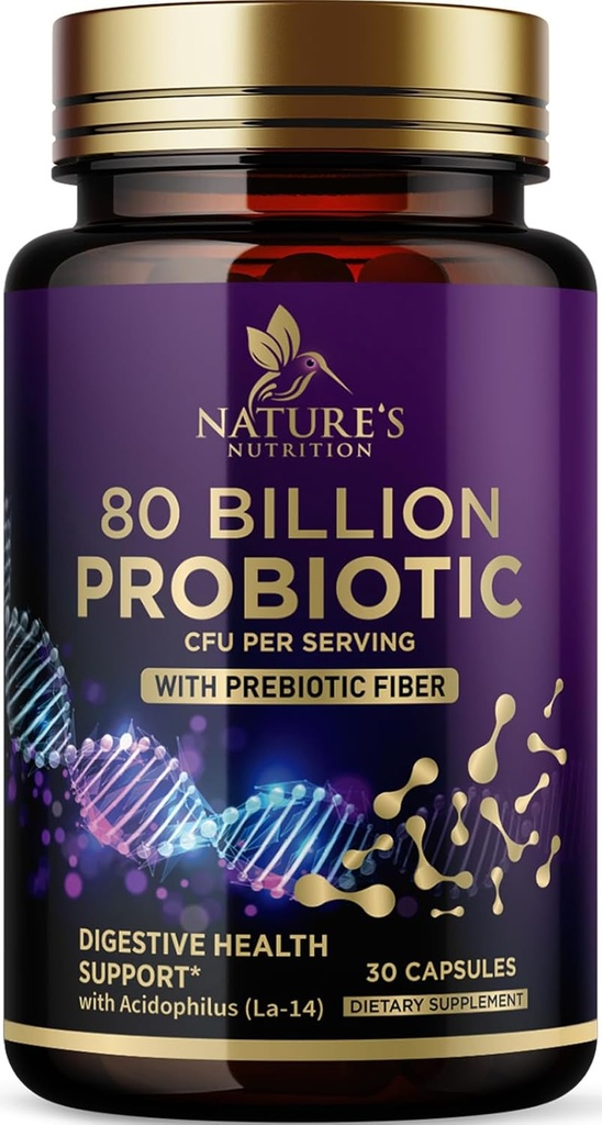 Suplemento Probiótico 80 Billones CFU + Prebióticos, Acidophilus Probiotic Supports Immune System " Digestive Health, Supports Occasional Constipation, Supplement for Women Feminine Health - 30 Capsules