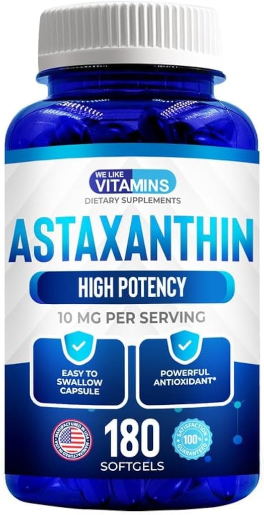 Nos gusta las vitaminas Astaxanthin 10mg Softgel - Altamente Potente Astaxanthin Suplementos de Haematococcus Pluvialis - Mejora el ojo, junta, salud de la piel y niveles de energía - 180 Servimientos, 6 meses de suministro