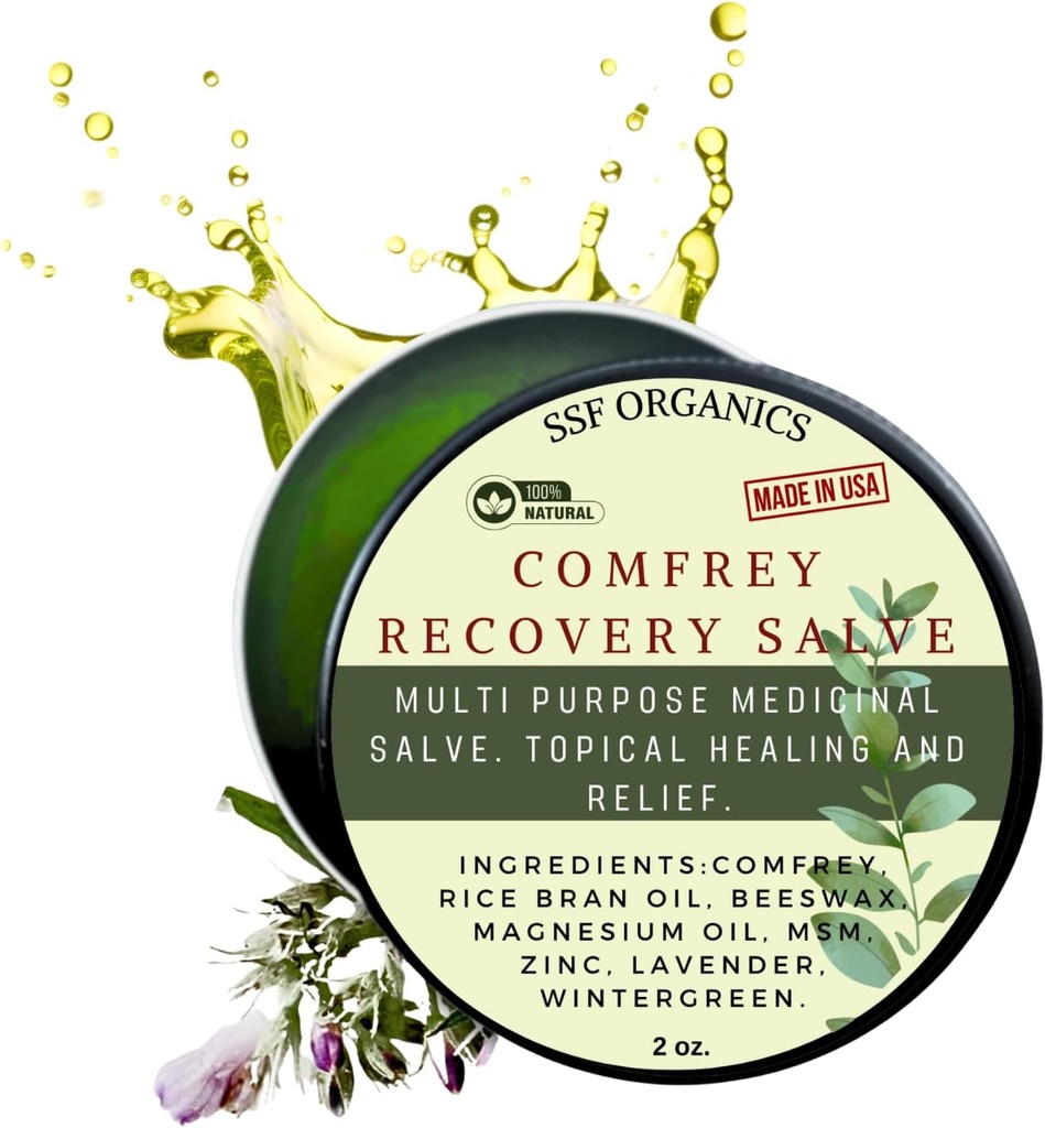 SSF Organics Comfrey Recovery Salve. Bálsamo herbal orgánico para huesos, musculos, articulaciones, rodillas, piel, hinchazón y cuidado del tatuaje. Artesanado, de bajo consumo. Sin armas químicas. 2 oz