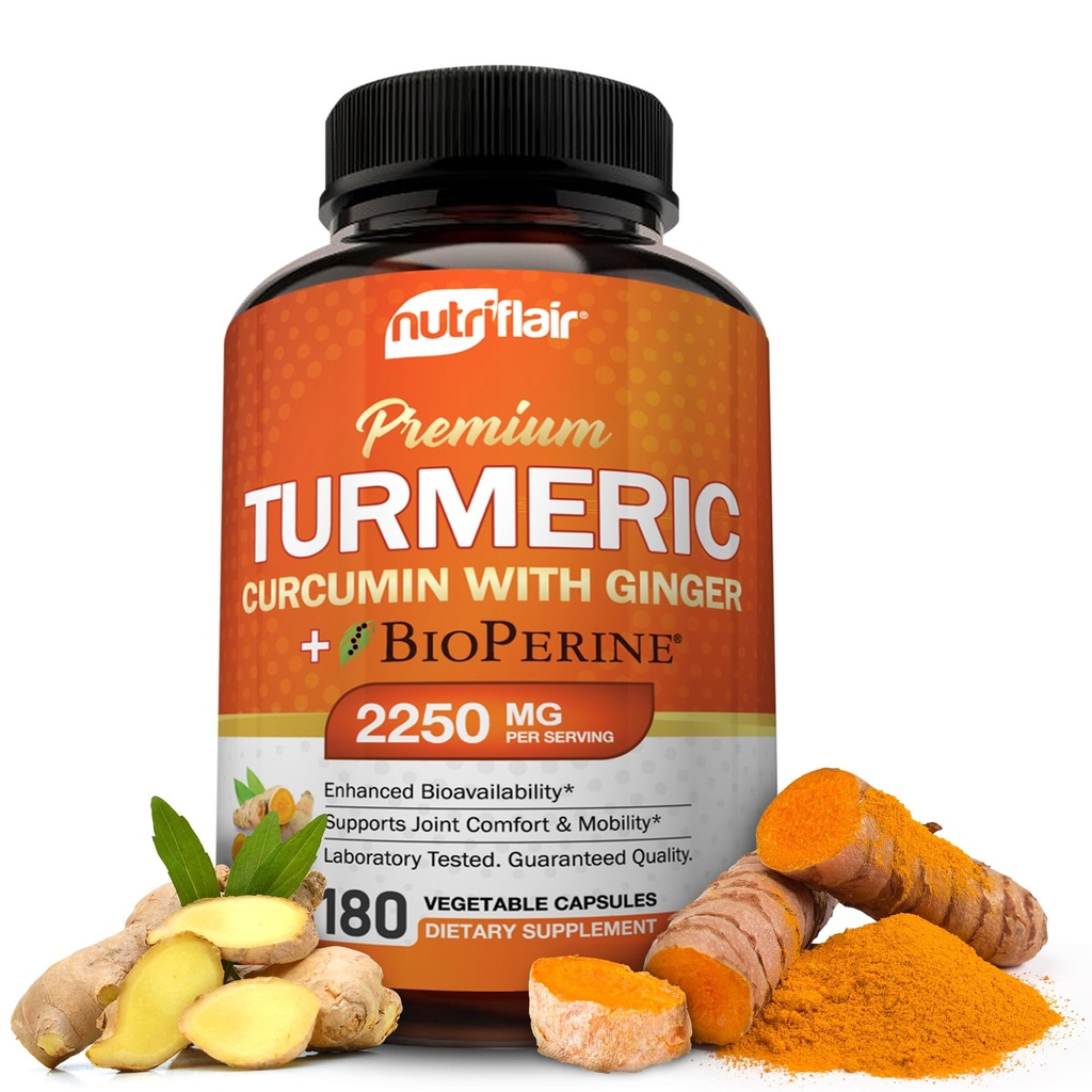 NutriFlair Curcumina Turmérica con Ginger y BioPerine Black Pepper Suplementos, 180 cápsulas - 95% Curcuminoides - Soporte Conjunto, Antioxidante, Anti envejecimiento - Natural, No GMO, Mejor Potencia Máxima Vegana